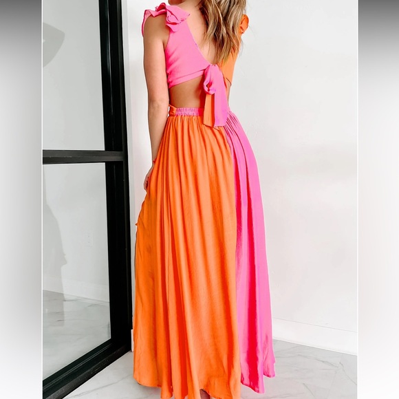 The Bright Path Ruffled Colorblock Maxi Dress (Pink/Orange) - Picture 3 of 5